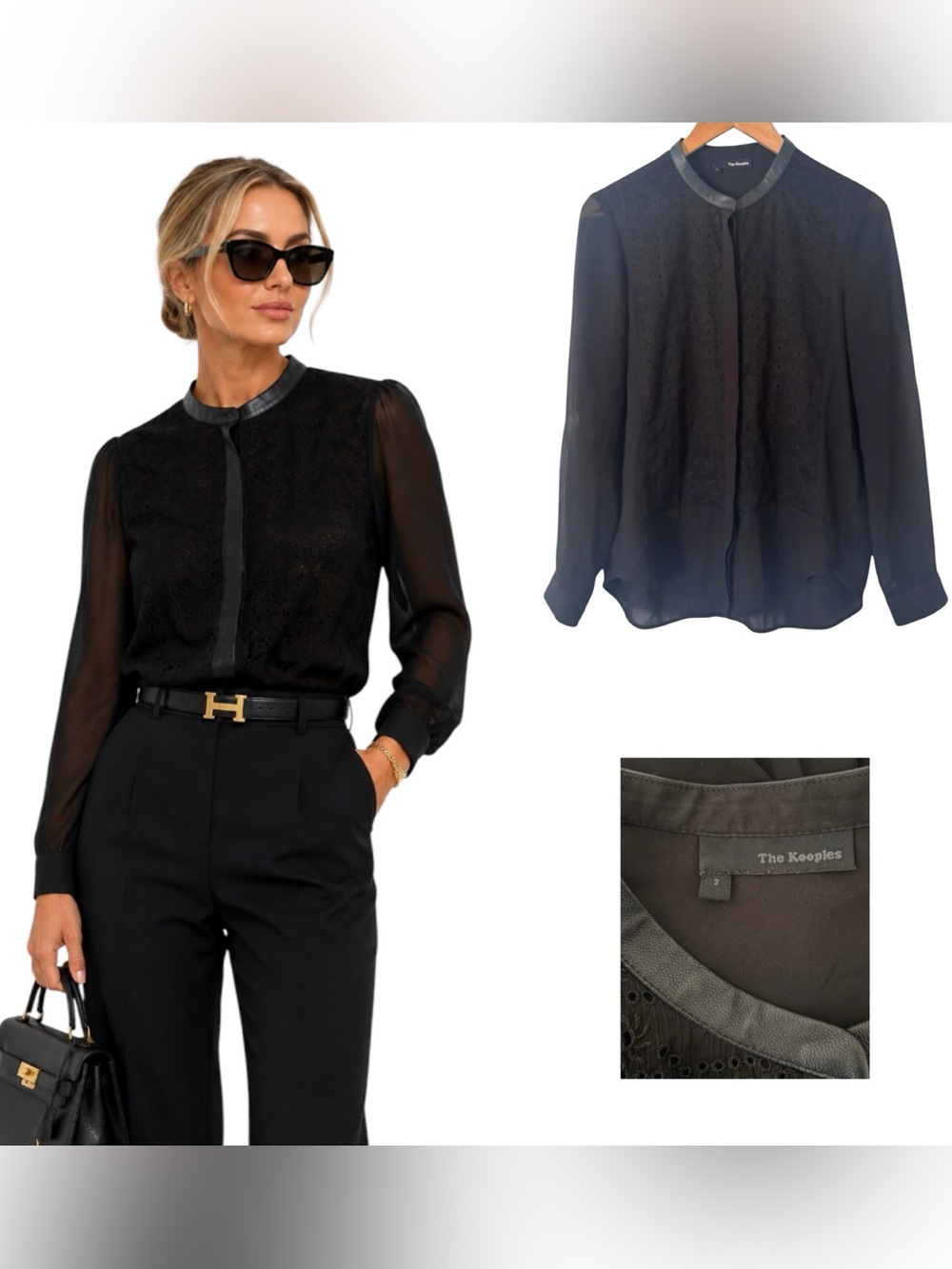 The Kooples Lace Leather Trim Blouse